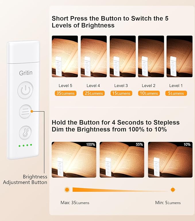 Gritin Book Light Rechargeable, Clip on LED Reading Light for Books in Bed | Eye Caring 3-Color & 5-Brightness, Stepless Dimming, Long Lasting, Compact Size Flexible Book Lamp for Bookworms