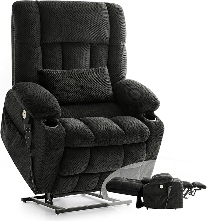Dual Motor Power Lift Recliner Chair for Elderly, Infinite Position Lift Chair for Elderly W/Massage & Heat, Lay Flat Lift Recliner With Cup Holders, One-Touch Reset, Lumbar Pillow, Fabric (Grey)