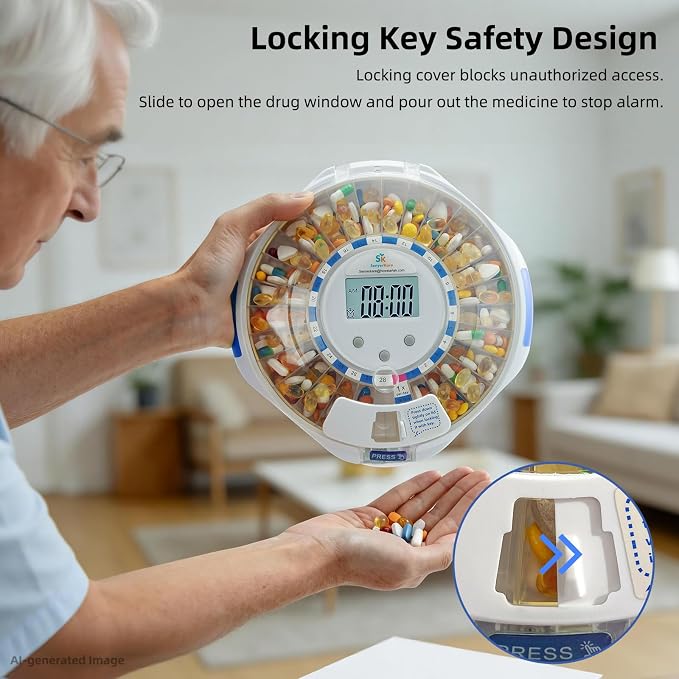 Bluetooth Automatic Pill Dispenser with Safety Lock for Seniors | App/Audio/Visual Alerts, Tracks Adherence History, Up to 9 Alarm/Day, 28-Day Medication Organizer for Dementia & Chronic Care