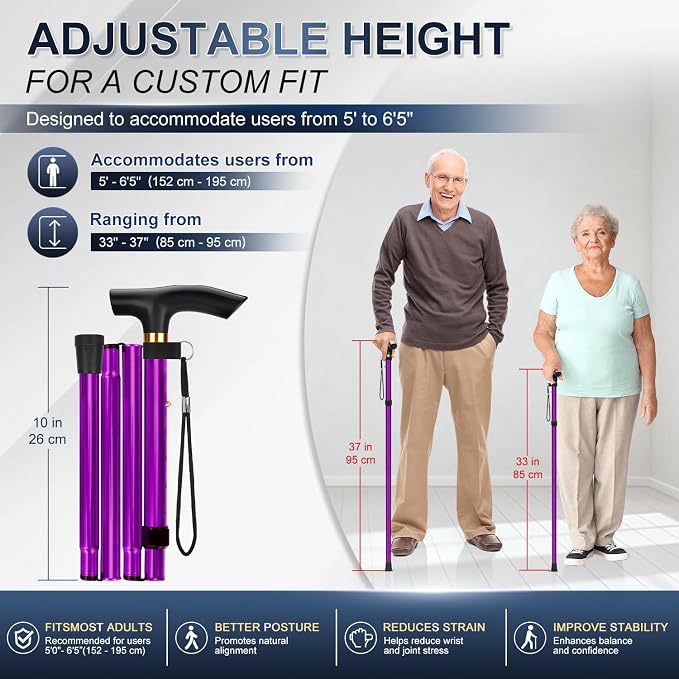 supregear Folding Cane, 5-Level Adjustable Height Walking Stick Lightweight Collapsible Portable Travel Cane with Wrist Strap and T Handle for Elderly Disabled Men Women
