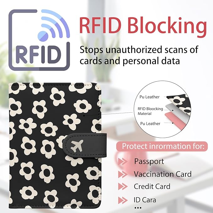 Passport Holder, Cute Travel Wallet Cover with RFID Blocking,Flower | PU leather travel wallet with magnetic closure, card slots, pen loop, and easy access for passports and essentials.