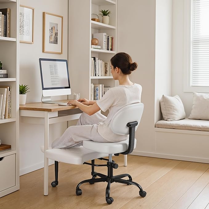 Ergonomic Cross Legged Office Chair with Wheels - Adjustable Height Kneeling Meditation Chairs for ADHD, Yoga & Desk Work - Wide Criss Cross Seat with Lumbar Support, White
