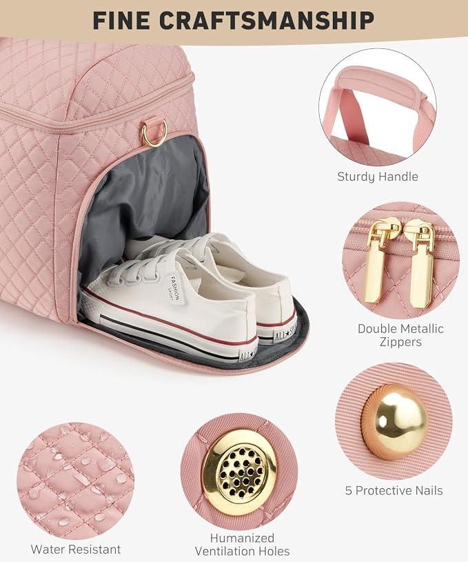 Weekender Bags for Women, Wide Open Large Travel Duffle Bag with Shoe Compartment, Overnight Hospital Bag For Women Labor Delivery, Carry on Bag Personal Item Travel Bag with Wet Pocket (Pink)