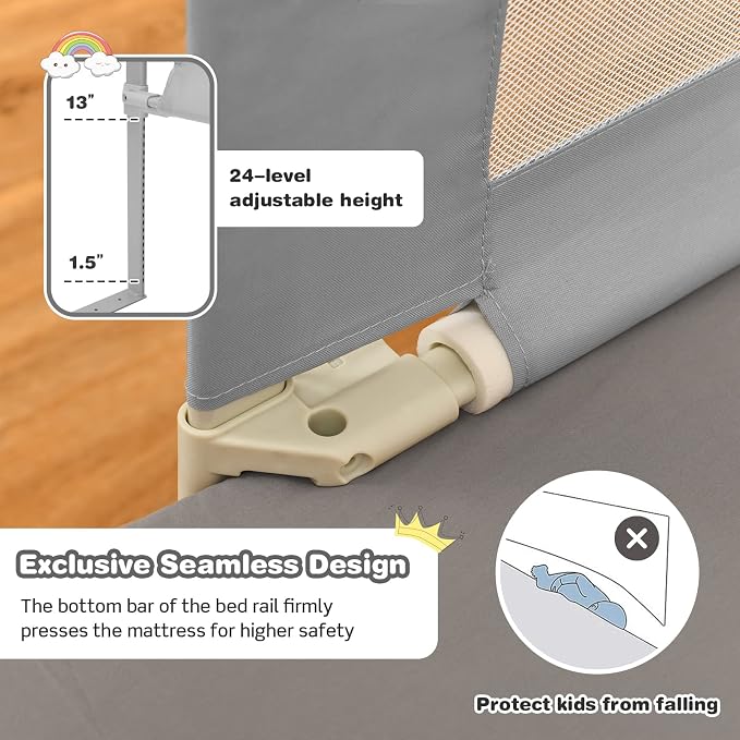 BABY JOY Bed Rail for Toddlers, 69’’ Extra Long, Height Adjustable & Foldable Baby Bed Rail Guard w/Storage Pocket & Double Safety Child Lock for Kids Twin Double Full Size Queen King Mattress (Gray)