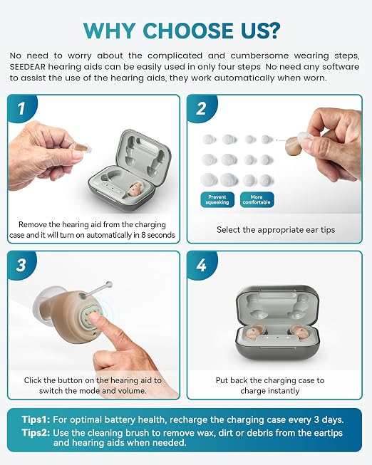 Hearing Aids for Seniors, Rechargeable OTC Hearing Aids with Noise Reduction, Providing Clear Sound Quality and Comfortable Wearing for Adults Hearing Loss, Invisible In-Ear Design (Light Gray)