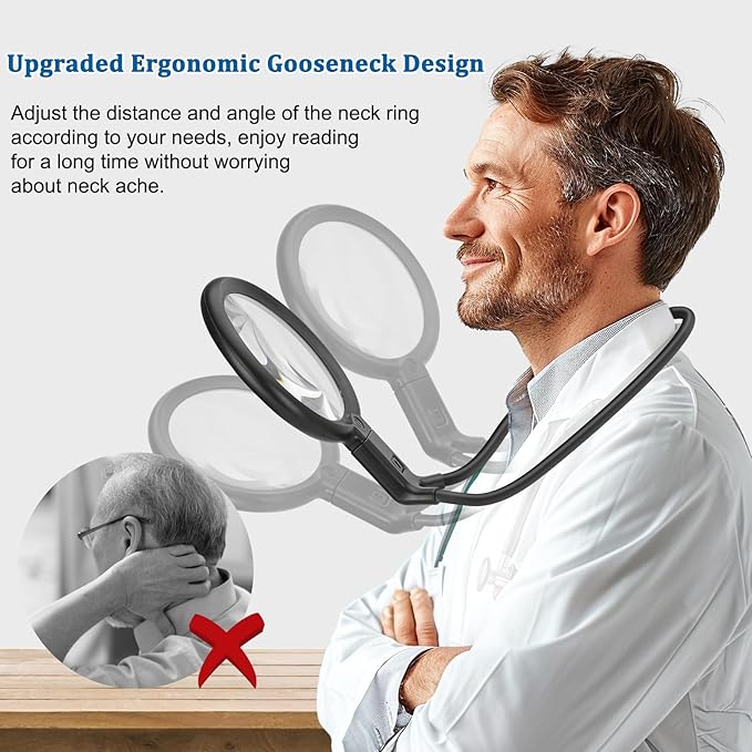 10X Rechargeable Magnifier with Light Hands Free, 5.2" Large Magnifying Glass with 36 LED Light Flexible Gooseneck for Close Work, Seniors (Black)