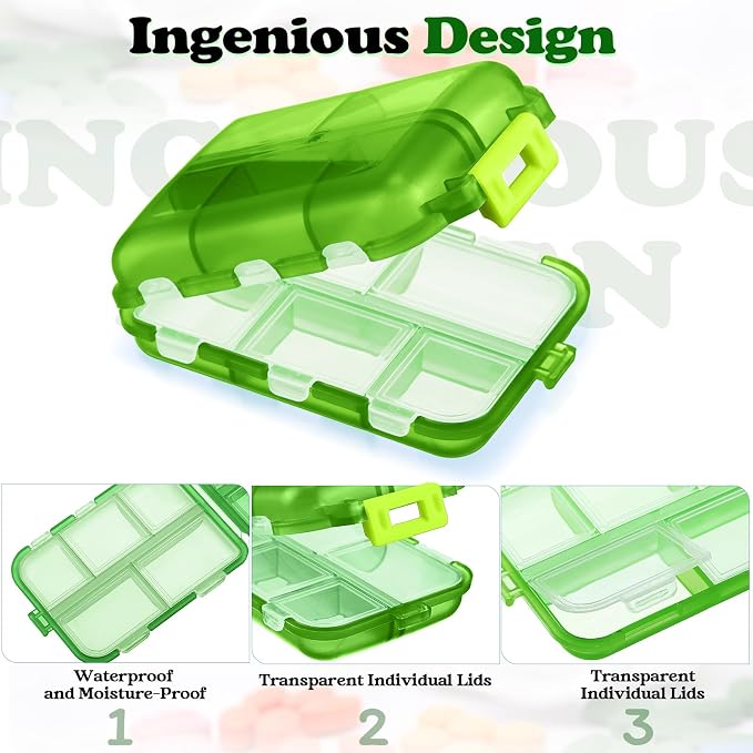 Meekoo 8 Pcs Travel Pill Organizer Pocket Portable Pill Case Daily Container Small Container Medicine Travel with 10 Compartments for Purse Fish Oil Medicine(Green)