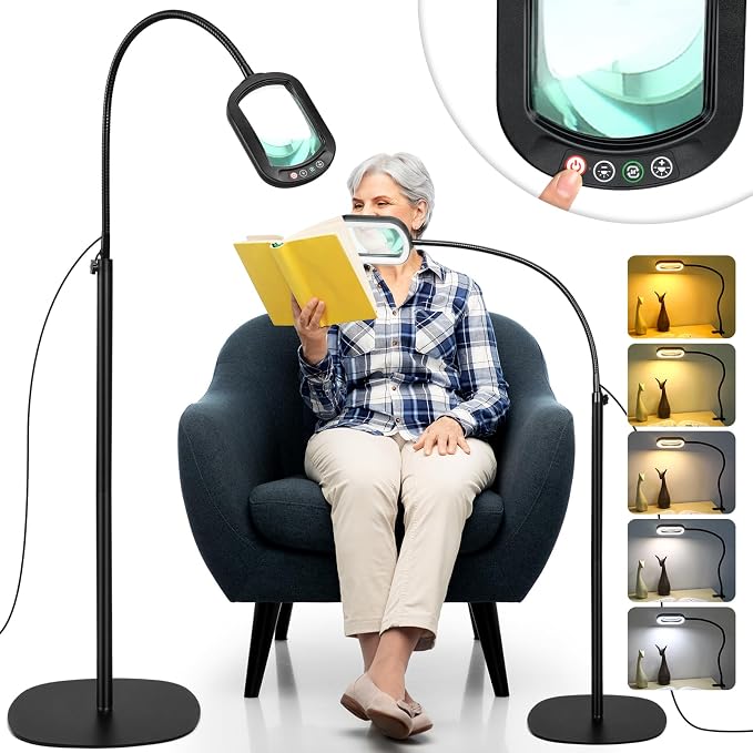 12X Magnifying Glass with Light and Stand, Rectangular Real Glass Lens, 5 Color Modes, Stepless Dimmable, 24" Flexible Gooseneck 3-in-1 Floor Lamp, Lighted Magnifier Hands Free for Craft Hobby Reading