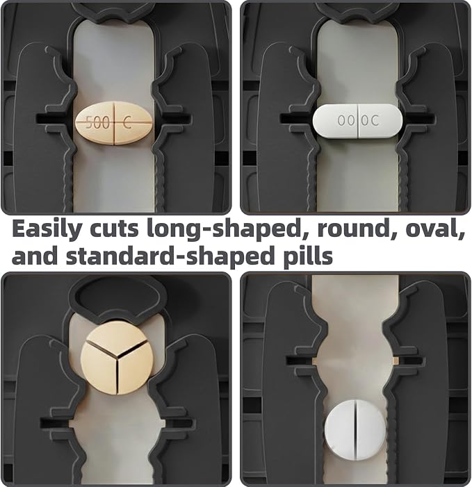 Pill Cutter Splitter with Adjustable Slot, 1/2 1/3 1/4 Even Splitting for Small Large Pills, Oval Long Tablets & Vitamins, Dual Fixing Clips, Multi-Pill Cutting, Hidden Sharp Blade (Black)