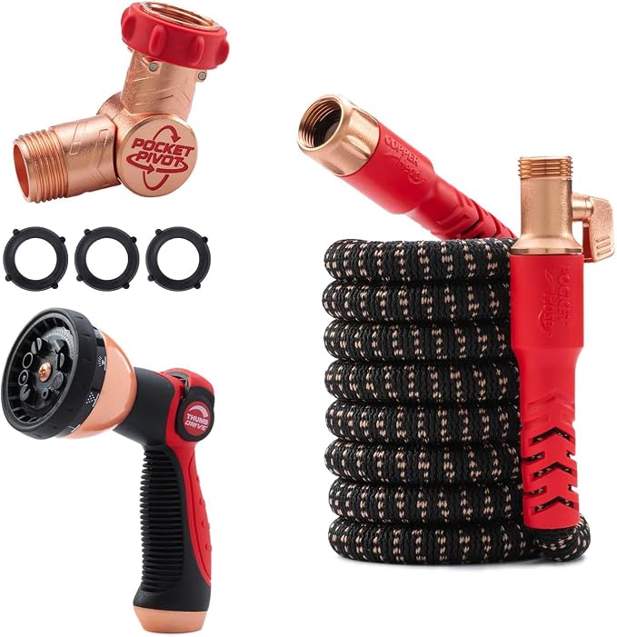 Pocket Hose 25 FT Copper Head Expandable Garden Hose with Pocket Pivot, No Tangles, AS SEEN ON TV, 360° Swivel, Tri-Tex Tubing, Force Field Jacket, Lead-Free, No-Kink, Anti-Burst w/APT | Anti-burst sleeve reinforced with bulletproof fiber, 360° swiveli...