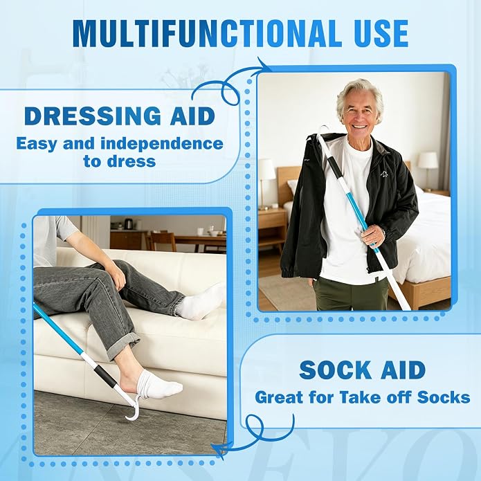 35 Inch Long Handle Shoe Horn for Seniors, Dressing Stick for Elderly, Sock Aids for Putting on Socks, Shirts, Shoes
