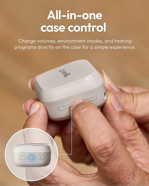 Nano Case Control OTC Hearing Aids Rechargeable, 3 Hearing Programs Feedback Cancellation Noise Reduction 54 Hours Battery Comfort-Fit ITC Design, Starlight Color