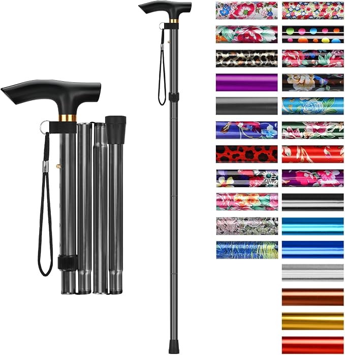 supregear Folding Cane, 5-Level Adjustable Height Walking Stick Lightweight Collapsible Portable Travel Cane with Wrist Strap and T Handle for Elderly Disabled Men Women