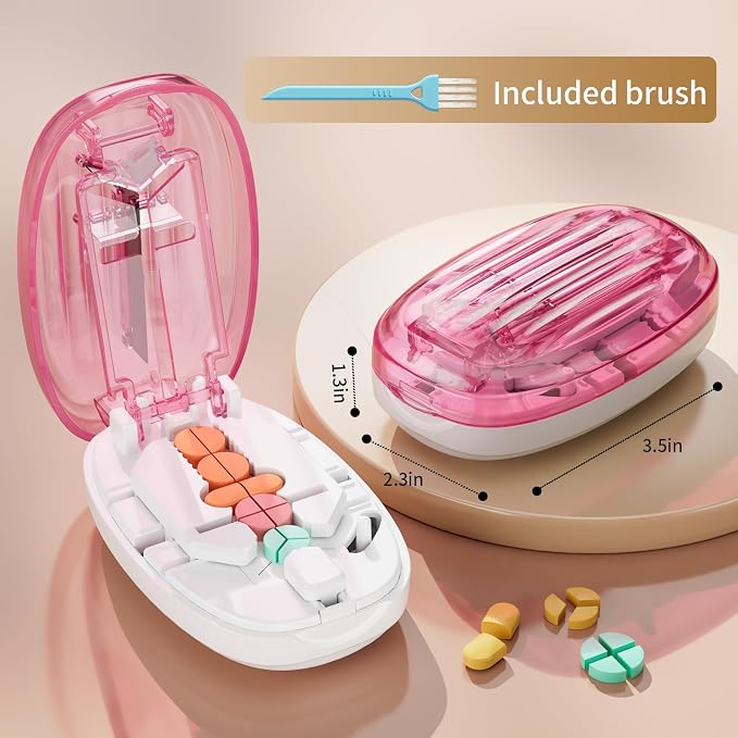 Pill Cutter Splitter for Small and Tiny Pills, 1/2 1/4 Pill Splitter for Small Pills,Tablets in Half or Quarters, Accurate and Easy Cutting, Stainless Steel Blade, Back Storage (Pink)