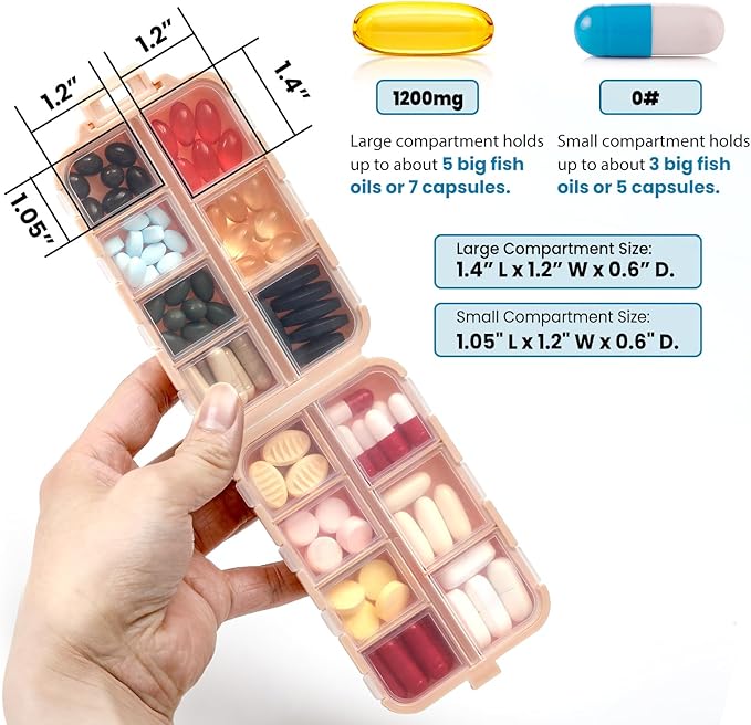 4 Pack, 14 GRIDS Travel Pill Organizer Box with Labels - Travel Medicine Case Kit - Pocket Daily Pharmacy Container - Travel Medication Holder Dispenser for Fish Oil Vitamin Supplement Storage