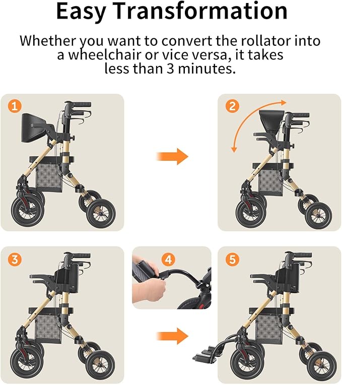 VOCIC Walkers-for-Seniors, Rollator-Walker-with-Seat, Transport-Wheelchair-Lightweight-Foldable, Adult Rolling Walker, Rollator Transport Chair with Brakes, 2 in 1 Walker Wheelchair Combo Z51