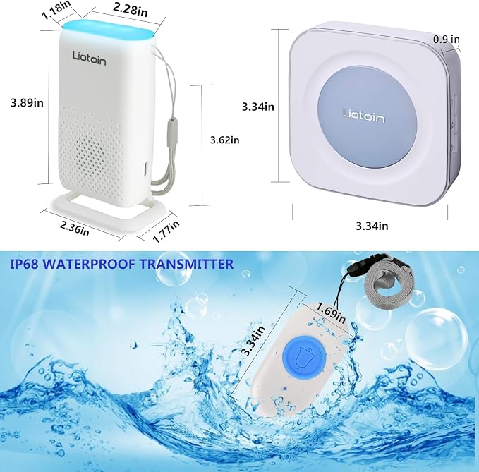 Caregiver Pager Wireless Alert System - Portable Bell for Home/Elderly/Patients/Seniors - 4 Waterproof Buttons, 1 Portable Receiver, 1 Plugin Receiver