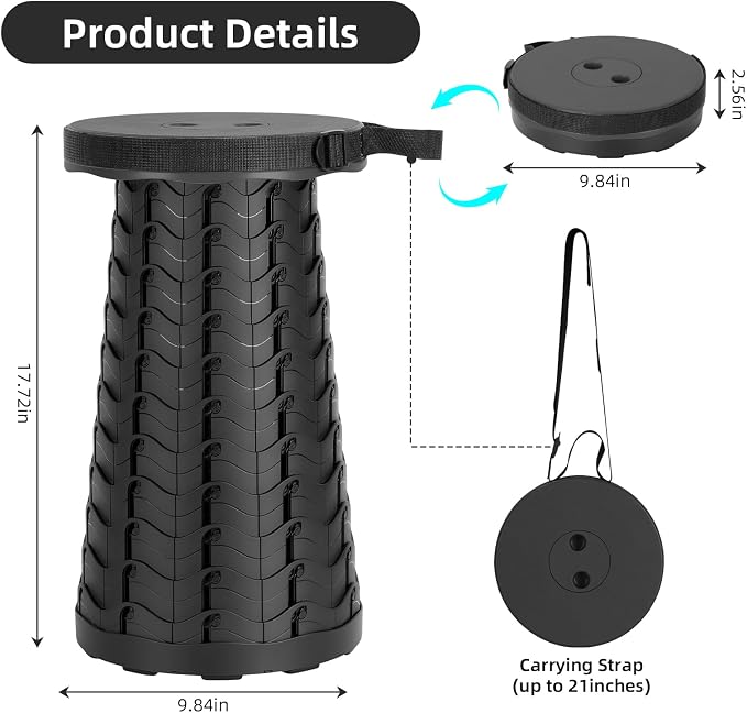 Qiguet Collapsible Stool, Folding Chair - Upgraded Portable Chair with Load Capacity 400lbs, Portable Stool for Camping Fishing Hiking - Folding Tool with Carrying Straps,Gifts for Fisherman (Black)