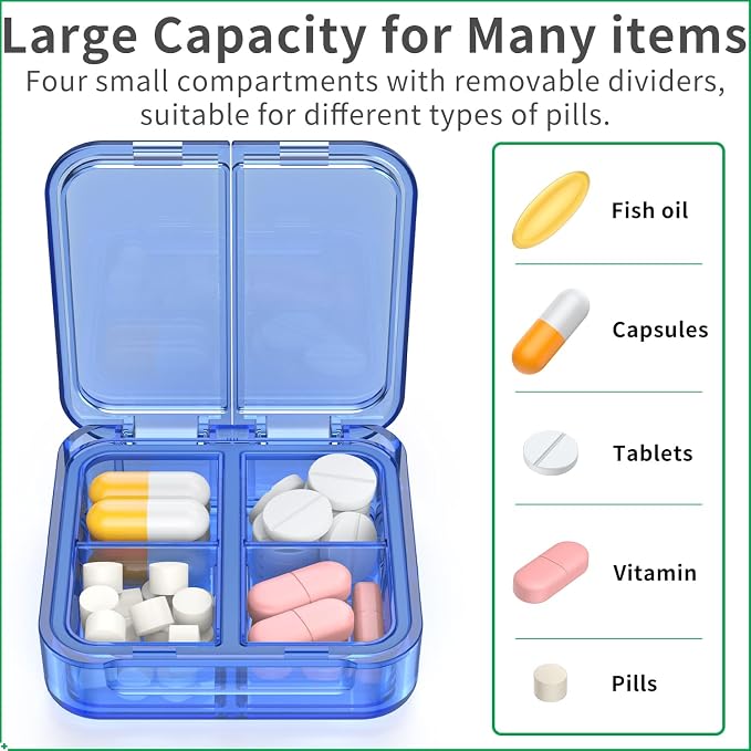Small Pill Box,4 Compartments Travel Pill Case, Portable Pill Organizer,Mini Pill Container for Pocket,Daily Compact Travel Medicine Holder for Vitamins Fish Oil and Supplement Storage(Blue+Black)