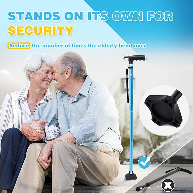 BeneCane Walking Cane for Women Folding Cane for Men with Two Led Lights Quad Cane with Stable Base Lightweight and Adjustable Walking Stick