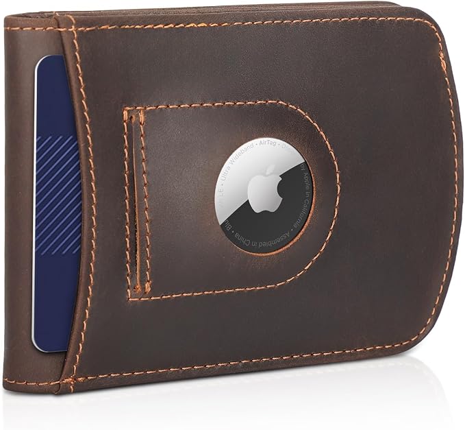 Polare Slim Curve Front Pocket RFID Blocking Italian Real Leather Bifold Wallet for Men (Dark Brown with AirTag Holder)