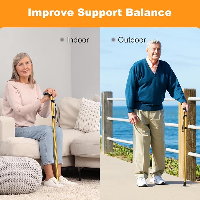 MFE Folding Cane, Portable 5-Level Adjustable Height Walking Stick with Foldable Design, Wrist Strap, and T Handle for Men and Women
