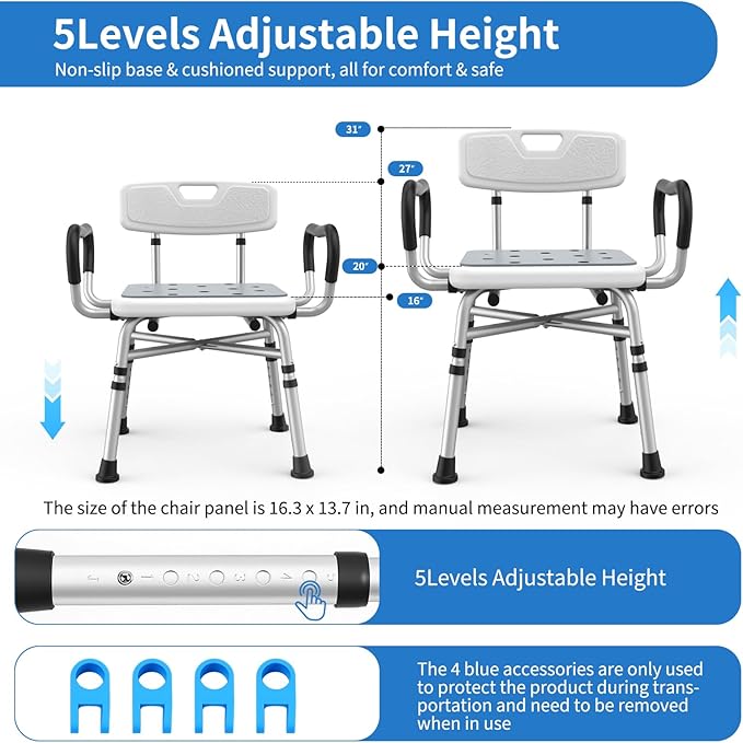 Heavy Duty Shower Chair for Inside Shower and Tub with Reinforced X-Bar, Padded Arms and Backrest, Height Adjustable, Ideal Shower Chair for Elderly and Disabled