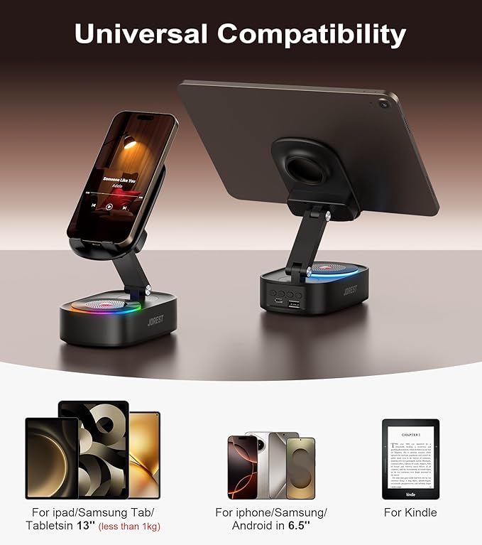 Jorest Wireless Induction Speaker with Phone Stand,Valentine's Gifts for Older Men Women Teenage Boy,Bluetooth Speakers with Desk Cell Holder, Foldable with iPhone/Ipad,Birthday Gift for Dad Father