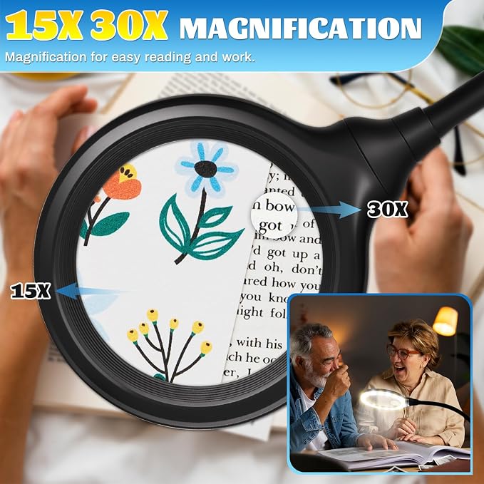 15X 30X Rechargeable Magnifying Glass with Light and Stand, 6 Color Adjustable dimming, Handheld Magnifying Desk lamp with LED Light, Suitable for Reading, Drawing, handicrafts and Detailed Work