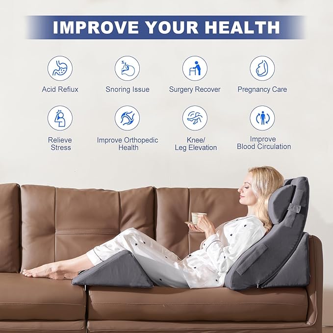4PC Orthopedic Bed Wedge & BBL Surgery Pillow Set - Memory Foam Support for Buttocks/Back/Legs, Post Surgery Sleeping System with Adjustable Angles, Contains 2 Washable Pillowcases, Gray&White Grey
