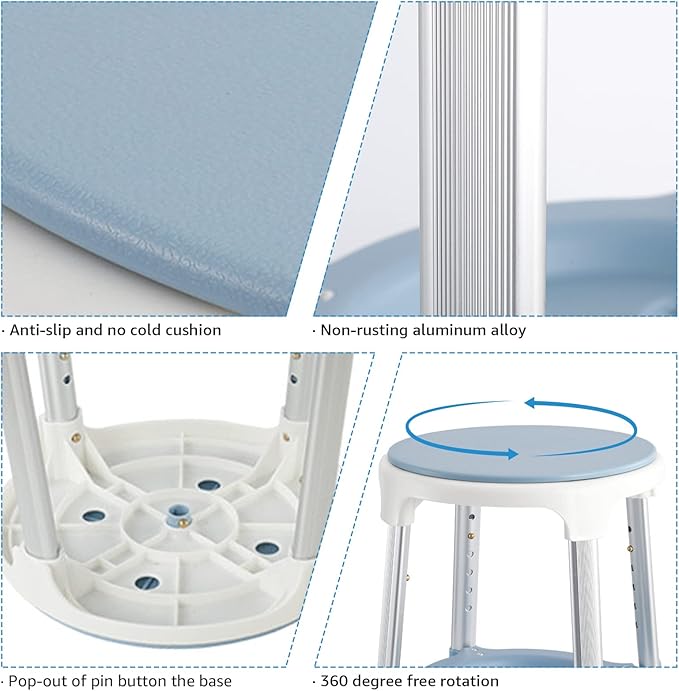 Shower Chair Stool for Inside Shower, Small Corner Plastic Stool for Shower 300 Lb,360° Swivel Bath Shower Seat for Seniors Adults Sitting, Adjustable Bathtub Stool with Storage Tray