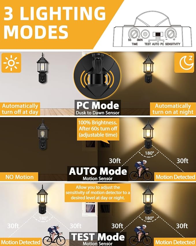 Redluck Motion Sensor Outdoor Wall Light Fixtures, 2 Pack Outdoor Wall Lamp | Dusk to Dawn, Anti-Rust, Waterproof Aluminum Frame, Tempered Glass & Classic Exterior Porch Lights for House Garage, Black