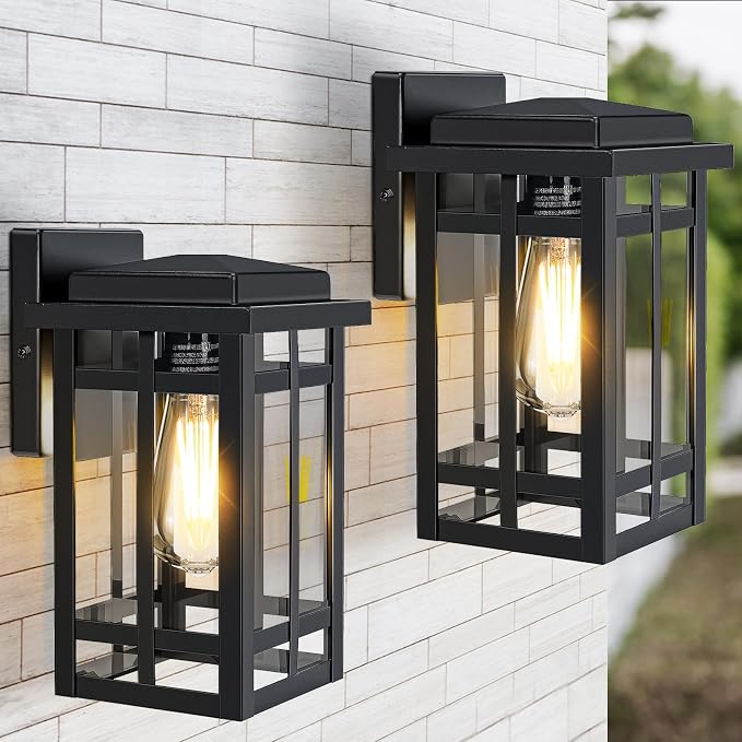 Outdoor Wall Light Fixtures 9.76'', Porch Lights Lantern, 2 Pack | Waterproof Exterior Modern Matte Black Wall Mount Lighting, Anti-Rust E26 Socket Outside Scones for Front Door Garage Patio