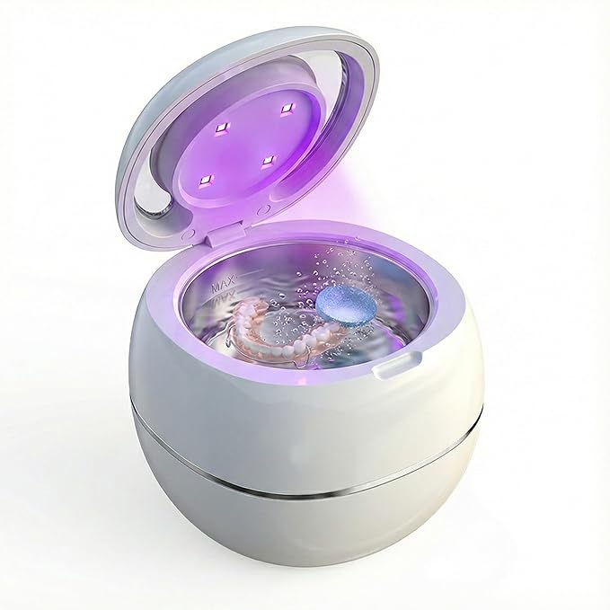 Ultrasonic Retainer Cleaner Machine, White, 42KHZ Dental Cleaning Pod For Denture, Toothbrush Heads,Jewelry, Braces, Digital Timer with 2 Modes, 180ML,304 stainless steel inner liner