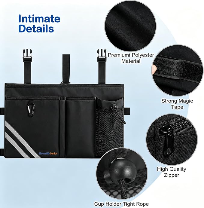 Walker Bag with Cup Holder, Multi Pockets Folding Walker Basket Tote Bag, Foldable Walker Basket with Big Capacity for Universal Walkers, Suitable for the Elderly (Black)