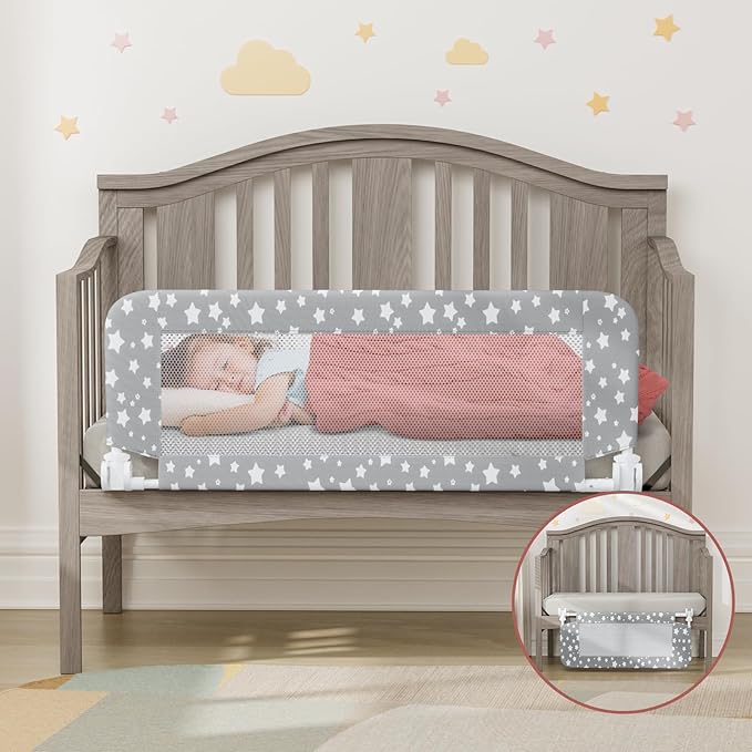 NUTIKAS Crib Rail Guard for Toddlers - 35.4" Toddler Bed Rails Convertible Safety Side Protector Swing Down Mesh Breathable Bed Barriers with Reinforced Anchor Safety