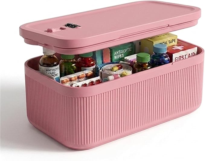 Small Lock Box for Medication Safe, Lockbox for Phone Jail, Medicine Lockable Storage Box with Code for Pills/First Aid Kits, Locked Food/Snack Box Container for Home/Fridge/Office (Pink)