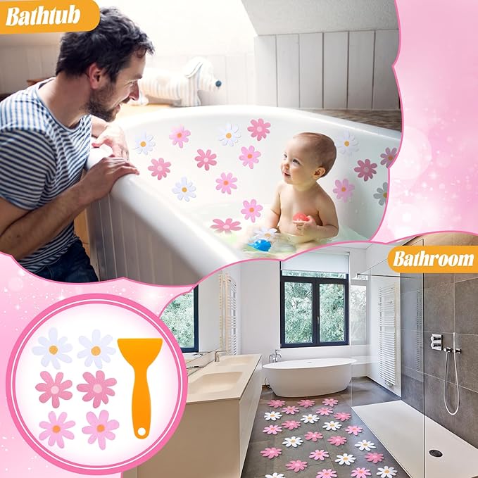 24 Pcs Flower Non Slip Bathtub Sticker Daisy Skidproof Shower Sticker Anti Slip Shower Decals Bathe Treads Adhesive Appliques Scraper Bright Flower Adhesive Decal for Bathroom Decor(Pink)