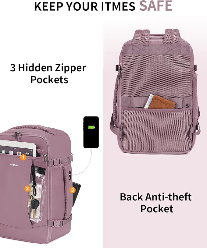ECOHUB Travel Backpack for Women, Carry on Backpack with USB Charging Hole, Spirit Airlines Personal Item Bag Flight Approved, 15.6 Inch Laptop Backpack with Anti Theft Pockets, 30L, Pink
