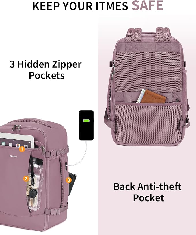 ECOHUB 17'' Small Travel Backpack, United Airlines Personal Item Bag 16.9"x10"x7.5" Carry on Backpack with USB Port Luggage Sleeve Travel Essentials for Men Women Water Resistant, Pink