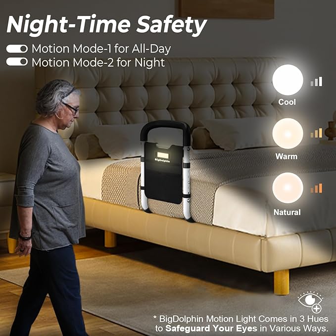 Bed Rails for Elderly Adults, ASTM Compliant, Adjustable Bed Cane with Motion Sensor Light, Non-Slip Grip & Storage Pocket, 2026 Upgrade Bed Railings for Seniors Support 350 LBS, Tool-Free