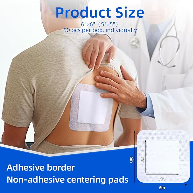 Niceful 50Pcs Adhesive Gauze Island Dressing 6"x6", Water-Resistant Wound Dressing, Sterile & Absorbent Medical Grade Dressing Pad First Aid Dressing Pads
