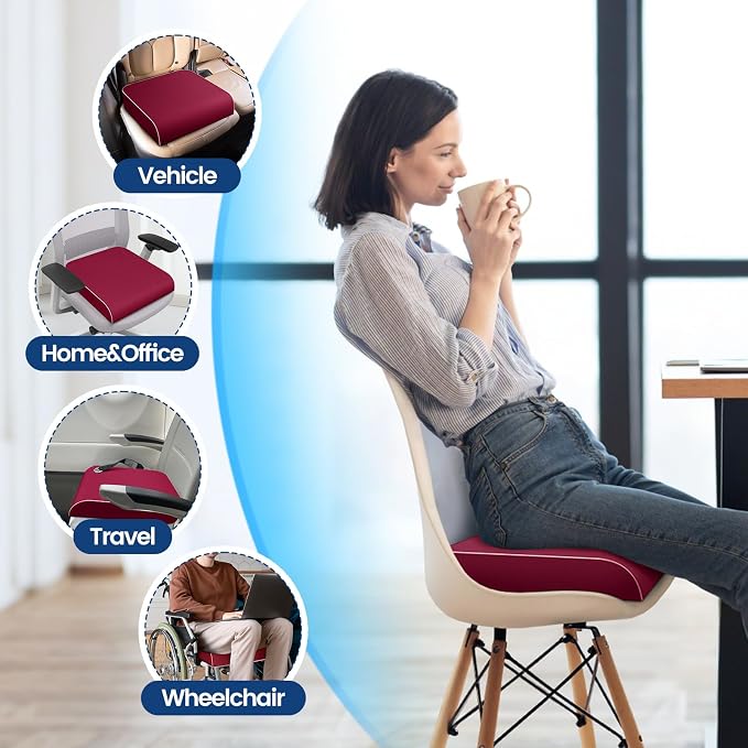 SweetSlubr Seat Cushion for Tailbone Pain Relief, Office Chair Cushion, Memory Foam Large Chair Pad with Non-Slip Cover for Soft Support at Office Chair, Car Seat, Airplane Red/Large