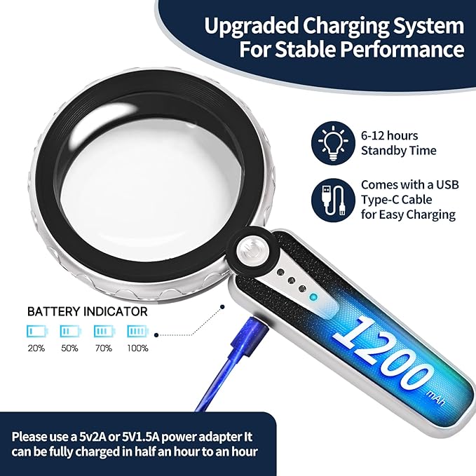 45X Magnifying Glass with Light, 4.6 Inch 1200mAh USB Rechargeable Large Handheld Magnifier, 6 Color Modes, Perfect for Low Vision Seniors, Macular Degeneration & Fine Print (Black)