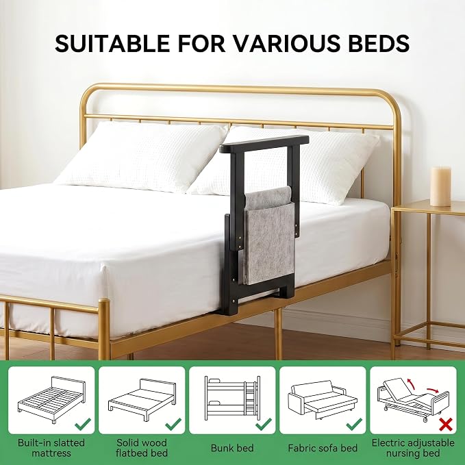 Bamboo Bed Assist Rail for Seniors Adjustable Grab Bar 300lbs Black | Non-Slip Handle, Storage Pocket, Fits 4–12 inch Mattresses, Fits Twin, Full, Queen & King Beds