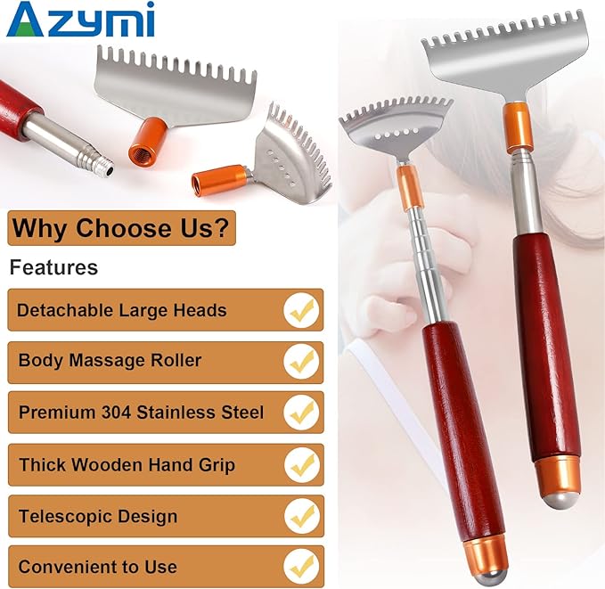 Back Scratcher with 2Pcs Large Detachable Heads, Telescoping Back Scratcher for Women Men, Stainless Steel Wide Claws/Roller Ball/Wooden Handle, Heavy Duty Body Scratcher Massager