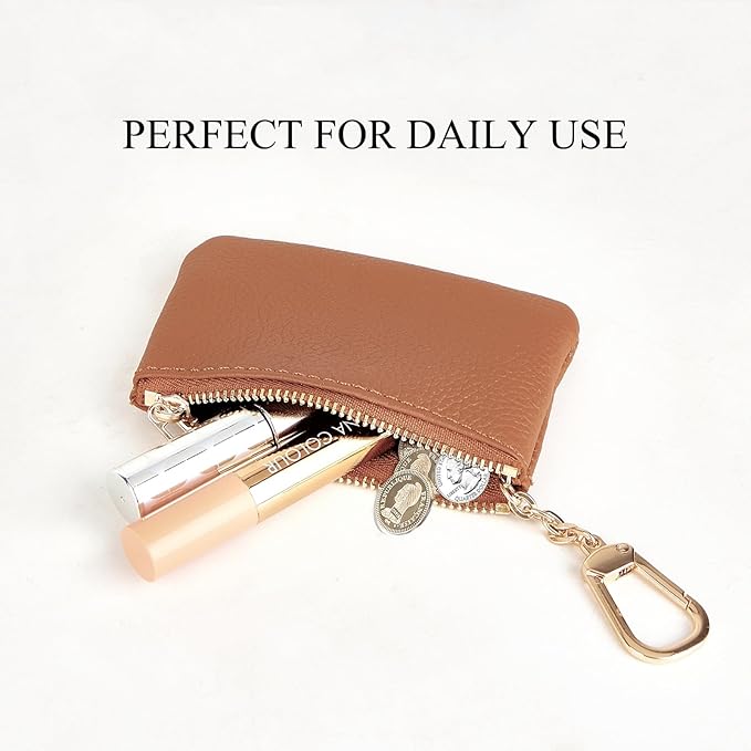 Full Grain Leather Coin Purse with Key Chain - Small Change Purse Keychain Card Holder Keychain Pouch Small Keychain Wallet for Women and Men (Brown)