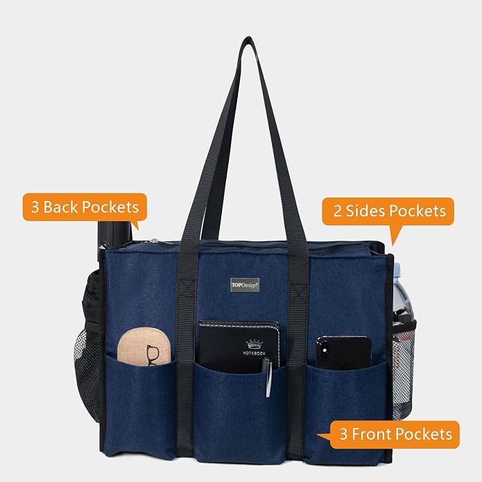 TOPDesign Utility Water Resistant Tote Bag with 13 Pockets, Top Zipper Closure & Thick Bottom Support, for Working Women