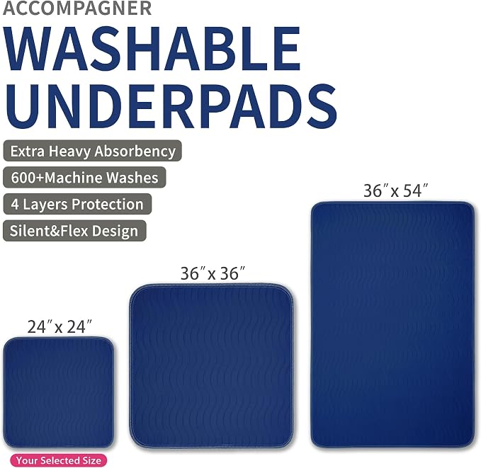 Accompagner Incontinence Bed Pads Washable Waterproof, Ultra-Absorbent Reusable Underpads for Diaper Changing, Nursing, Bedridden, Adults, Seniors, Kids and Dogs (Navy, 24"x24"(Pack of 6))