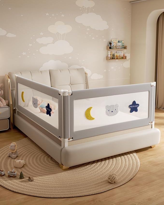 2 Piece Full Size Bed Rails for Toddlers, No-Drill Baby Bed Rail Guard | Thickened Child Safety Side Railing Guards, Height Adjustable Bedrail for Kids, 2-Side for Full Bed , 54”x74.8”,Grey Star